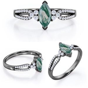 925 <b>Sterling</b> <b>Silver</b> Marquise Cut Engagement <b>Ring</b> with Moss Agate Double Shank Engraved Design Prong <b>Set</b> Luxury Style - Product Image 6