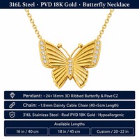 Collier pendentif papillon en zircon plaqué or 18 carats en acier inoxydable, résistant à l'eau et au ternissement, prêt à être expédié en gros