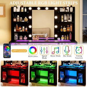 <strong>Black</strong> <strong>Vanity</strong> Desk Makeup <strong>Table</strong> with Mirror and Lights Transparent Top with 3 RGB Drawers 6 Shelves 2 Cabinets Power Outlet - Product Image 4