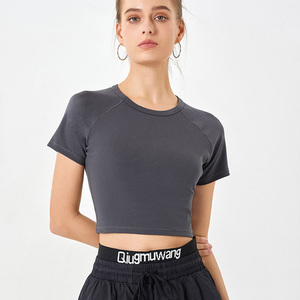 92% Cotton 8% Spandex Solid Color Raglan Sleeve Cropped <b>Top</b> Women Short Sleeve Yoga Crop Tshirts - Product Image 2