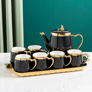 8pcs Ceramic Coffee Cup <strong>Set</strong> Colored Glaze Luxury Gold Rim Porcelain Teapot Cup Ceramic Coffee <strong>Pot</strong> <strong>Tea</strong> Cup <strong>Set</strong> With Tray - Product Image 3