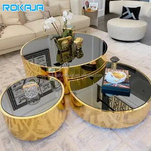 Muebles de sala de estar, mesa de centro combinada redonda, mesa de centro decorativa de acero inoxidable de vidrio negro, juego de mesa de té de lujo moderno
