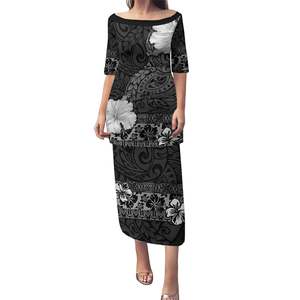 하와이 크리스마스 레트로 패치 워크 Puletasi 원피스 다크 브라운 맥시 투피스 세트 오프 어깨 우아한 무도회 드레스 Puletasi Samoa - Product Image 3