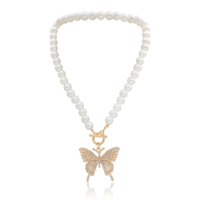Wholesale customization Pearl Pendant butterfly choker winter sweater chain necklace