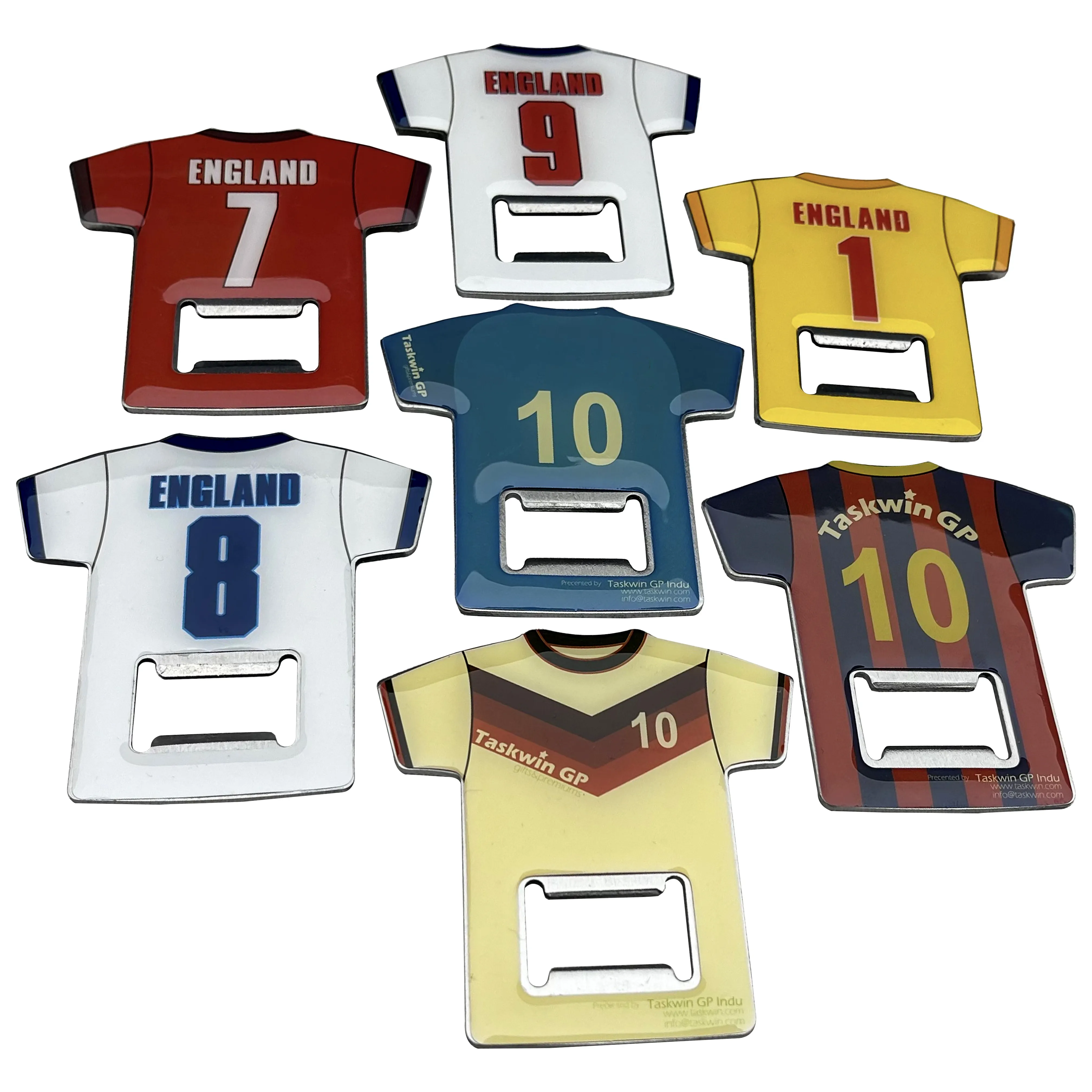 Individuelles Logo Epoxydruck Edelstahl Metall magnetischer Kühlschrankmagnet Fußball-T-Shirt Jersey-Form Bierflaschenöffner