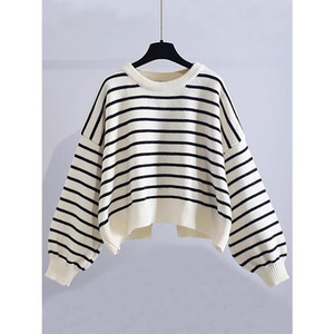 Pull rayé ample en maille pour femme, blanc, anti-boulochage, idéal printemps-automne - Product Image 2