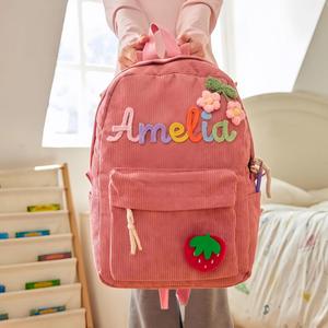 Sac à dos personnalisé brodé pour enfants, sac d'école en velours côtelé personnalisé avec nom, cadeaux de rentrée scolaire pour filles et garçons - Product Image 3