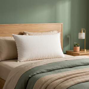 Housse de coussin lombaire en coton et lin de qualité supérieure |   Coussin rectangulaire blanc naturel avec détails de surpiqûres contrastées pour canapé, chambre à coucher - Product Image 2