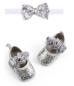 Chaussures mignonnes pour bébés filles nouveau-nées avec bandeaux assortis, ensemble de chaussures habillées pour petites filles avec bandeau à nœud - Product Image 4