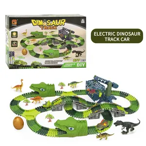 Juego de tren de dinosaurios para niños, juguete de riel eléctrico, pista de coche, DIY, bloques de construcción montados, coches, regalos
