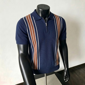 เสื้อถักแขนสั้นลายแจ็คการ์ดสีสันตัดกันของ <span class=keywords><strong>Lao</strong></span> Qian Feng; เสื้อโปโลคอปกผ้าลูกไม้ระบายอากาศได้ดีและเย็นสบายเมื่อสัมผัส - Product Image 1
