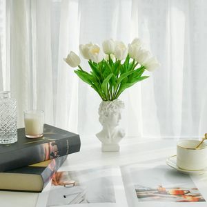 Tulipes artificielles écologiques, 12 tiges, blanches, partiellement ouvertes, emballage <span class=keywords><strong>en</strong></span> vase, décoration pour la Saint-Valentin, Pâques, mariage, maison - Product Image 3