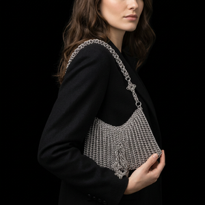 Bolso de Mano de Metal con Forma Irregular, Diseño de Malla Metálica Plateada, Estilo Moderno - Product Image 1