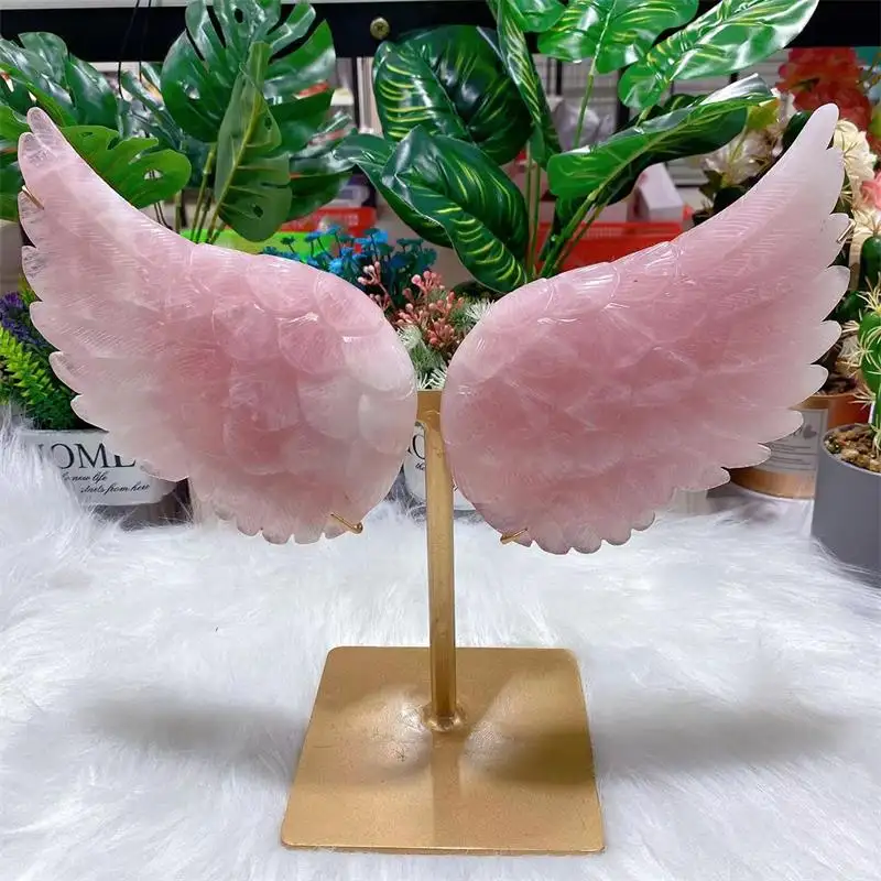 Hot Sale Large Natural Healing Gemstone Craft Rose Quartz Crystal Angel Wing For Home Decoration