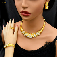 Juego de Collares de Cristal de Lujo para Mujer, Estilo Dubái, Joyería Chapada en Oro, Aretes, Anillo, Pulsera, Conjuntos de Joyería al por Mayor para Bodas