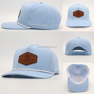 Casquettes de baseball sportives perforées à 5 panneaux en cuir avec logo découpé au laser, imperméables, personnalisées, pour le golf, avec cordon - Product Image 3