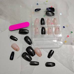 24 <span class=keywords><strong>Uñas</strong></span> Postizas Rosadas con Forma de Ballet, Copo de Nieve, Diamantes 3D, Purpurina Negra, <span class=keywords><strong>Uñas</strong></span> Artificiales Adhesivas - Product Image 6