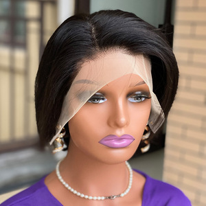 Perruque courte et droite noire en cheveux humains véritables de 130g, tissée à la main avec dentelle frontale et cheveux de bébé, ligne de cheveux naturelle, directement de l'usine - Product Image 2