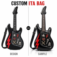 Tas Ita Gitar Musik Rock Kustom Kulit Imitasi Mengkilap dengan Patch Lightning Bolt, Tengkorak, Mikrofon, Stik Drum, dan Pin Bintang