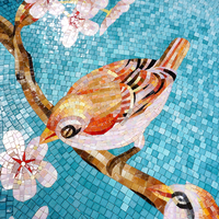 Mosaik Kaca Desain Seni Pola Bunga dan Burung Buatan Tangan untuk Dekorasi Dinding