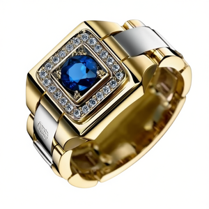 แหวนค็อกเทลทรงสี่เหลี่ยมสองสี ประดับไพลินธรรมชาติและเพชรแบบฝังเพชร ตัวเรือนโลหะผสมชุบทอง 18K ดีไซน์เรขาคณิต สำหรับทั้งชายและหญิง เหมาะสำหรับเป็นแหวนหมั้น - Product Image 1