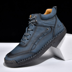 Botas de Tobillo Altas Cosidas a Mano en Cuero Genuino Azul, Zapatos Casuales de Senderismo Antideslizantes y Resistentes al Desgaste - Product Image 1