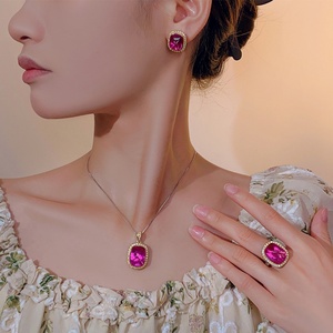Wholesale Eco-friendly Copper Gold Plated 12*16/10*12mm Square Sugar Red Zircon Jewelry <b>Sets</b> With <b>Earrings</b> Necklace and Pendant - Product Image 6