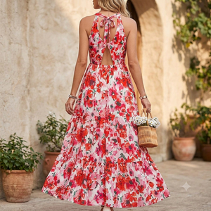 Robe longue florale à col halter sans manches, coupe trapèze, ourlet à volants, imprimée, tenue décontractée d'été - Product Image 3