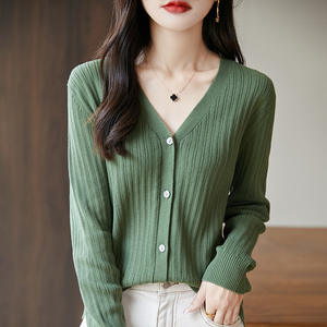 Cárdigan de punto con cuello en V para mujer, manga larga, color sólido, algodón, corte holgado, ropa de abrigo para otoño e invierno - Product Image 3