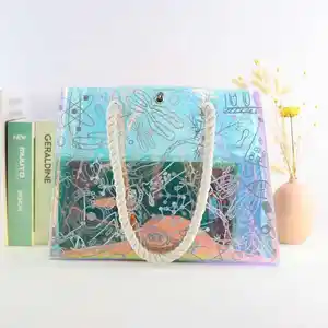 Custom Holographic PVC Shopping Clear Tote Bag Transparent Laser Beach Shopping Bag With Thick Rope Handle