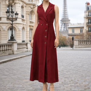Elegante Vestido Midi Rojo Sin Mangas con Solapas en Punta y Botones al Frente, Estilo Tubo Ajustado para Oficina, Ropa de Otoño, Tela de Lino - Product Image 1
