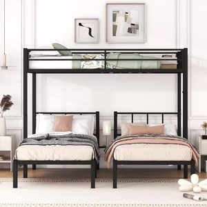 Moderna litera metálica en forma de L con litera superior extragrande y litera inferior doble, 3 camas en 1, estructura de cama metálica que ahorra espacio para niños, adolescentes y adultos - Product Image 1