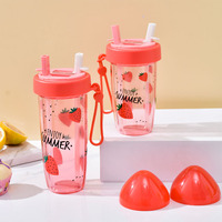 Nouvelle Arrivée Gourde Double Compartiment en Plastique Sans BPA pour Enfants, Motif Fruits, Portable, avec Double Paille