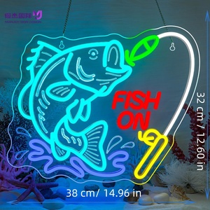Enseigne néon LED 3D <span class=keywords><strong>avec</strong></span> motif de bar à bouche large sautant dans l'eau, canne à pêche, leurre et texte 'FISH ON' - Alimentation USB pour les magasins d'articles de pêche - Product Image 2