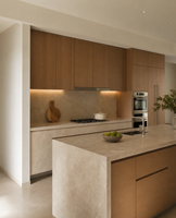Meubles de cuisine sur mesure en bois massif moderne, armoires modulaires avec îlot pour projets résidentiels, approvisionnement en gros