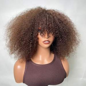Perruque sans colle à franges bouclées afro crépues, couleur marron, densité 250 %, cheveux humains indiens Remy, effet volumineux – Fournisseur Populaire - Product Image 3