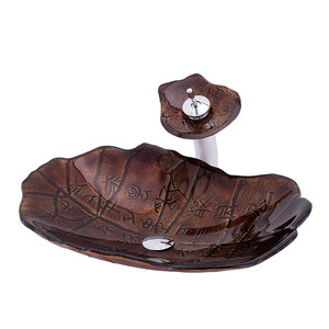 Nuevo diseño Oracle Bone Script Pattern Lavabos <span class=keywords><strong>de</strong></span> mano <span class=keywords><strong>de</strong></span> vidrio Fregaderos <span class=keywords><strong>de</strong></span> gabinete <span class=keywords><strong>de</strong></span> baño Fregadero moderno marrón Lavabo <span class=keywords><strong>de</strong></span> baño con grifo - Product Image 1