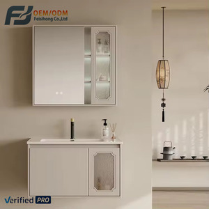 Mueble de baño suspendido con espejo LED táctil, acabado en barniz, vidrio esmerilado, gabinete de almacenamiento y lavabo integrado, personalizado para el hogar - Product Image 1