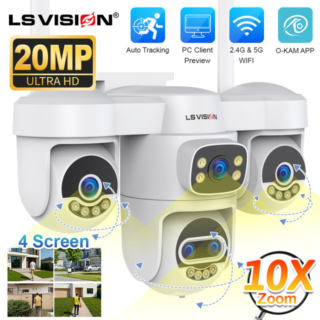 LS VISION 20MP 5Lens 4Screen PTZ Camera 10X Optical Zoom 360 2Light Auto Tracking IP66   WiFi RJ45 CCTV Security Camera