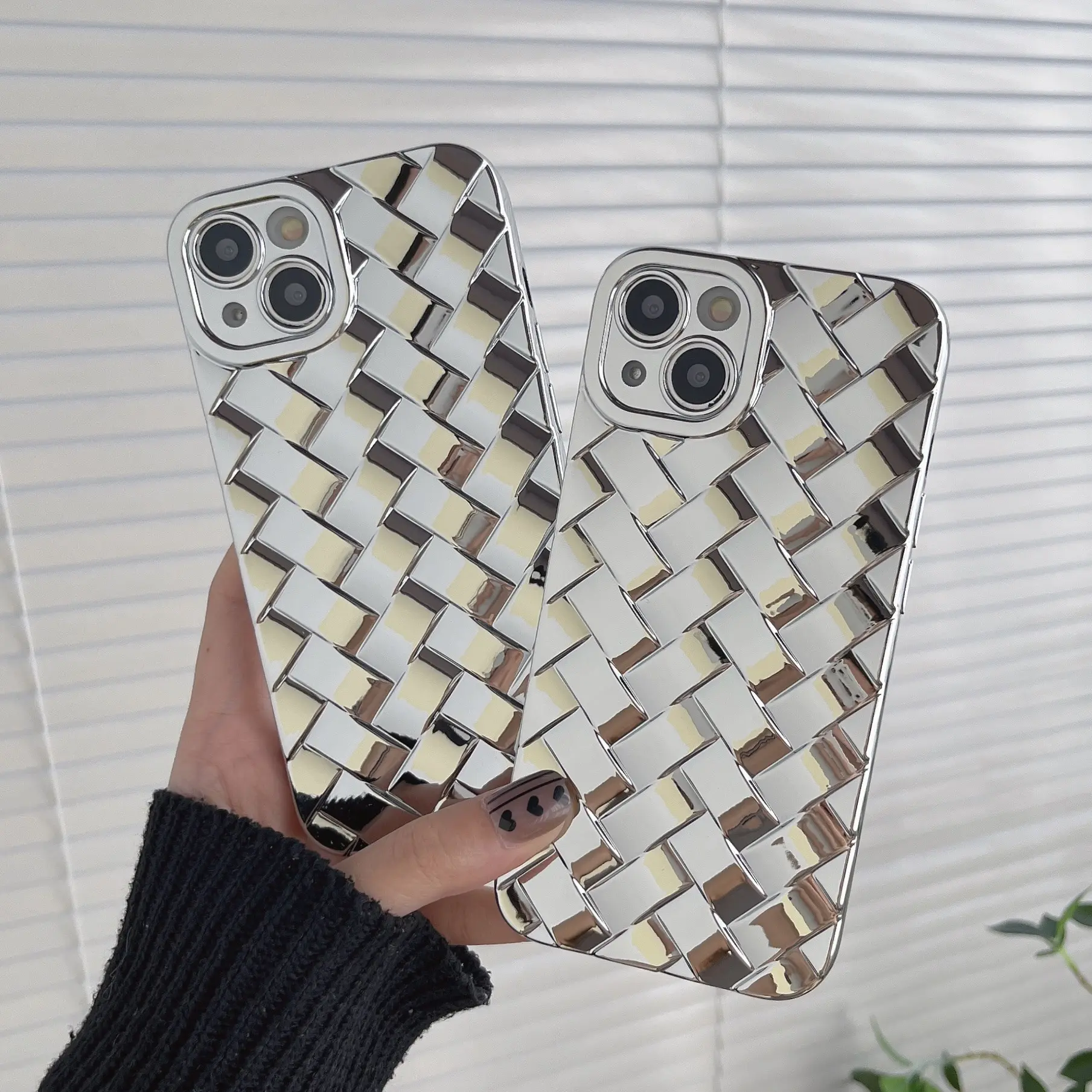 Silver Plating Woven Patterns Mobile Case For iPhone 14 Pro Max Soft TPU Weave Texture Phone Cover For iPhone 13 Pro