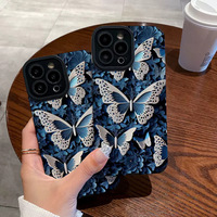 Papillon bleu impression TPU rayure cuir artificiel housse de téléphone portable pour Iphone 8 X Xr Xs 11 12 13 14 15 16 17 Pro Max
