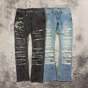 Jean Flare Homme Y2K Streetwear 2026 13oz Vintage Délavé Bicolore avec Patchs à Points Croisés et Effet Peinture Éclaboussée - Product Image 1