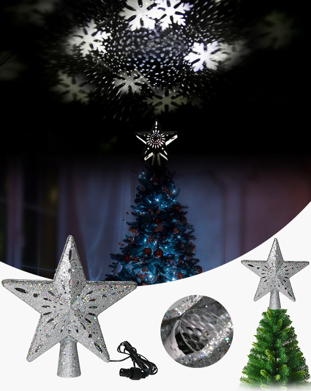 Lampada Proiettore LED A Forma Di Stella Per Albero Di Natale, Con Fiocchi Di Neve Rotanti, Colore Argento, In PVC, Effetto Magico - 3