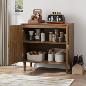 Walnut Wood Buffet Cabinet Line Groove Design <b>Storage</b> Sideboard Accent Cabinet for Living Room - Product Image 4