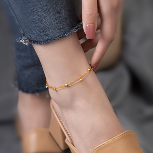 สร้อยข้อเท้าลูกปัดสองชั้น |   สร้อยคอปรับระดับได้ ทำจากสแตนเลสสตีล ชุบทอง 18K PVD ป้องกันการแพ้ ไม่หมองคล้ำ - Product Image 4