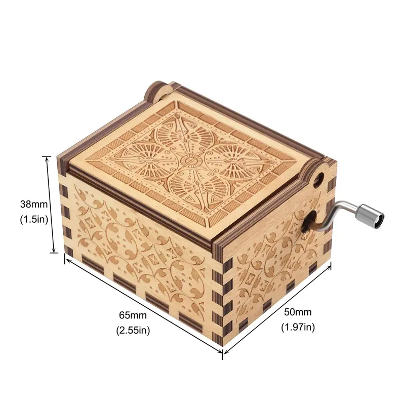 Caja de música de regalo de sublimación de fábrica, superventas, manivela manual grabada con láser de colores, Mini caja de música de madera personalizada