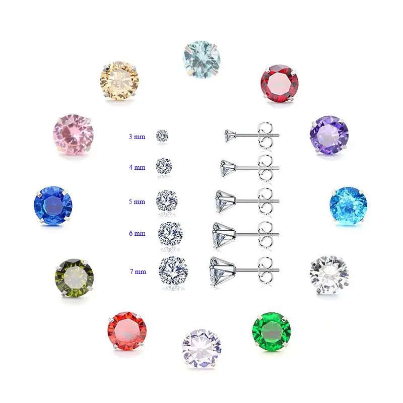 Stainless Steel 3-8mm Hypoallergenic Colored Cubic Zirconia Silver 316L CZ Earrings Birthday Stone Ear Piercing Studs