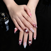 Faux ongles à presser rouge bordeaux et blanc, forme amande moyenne, en acrylique, avec accent 3D fleur, nœud et perle, 10 pièces, fourniture personnalisée pour supermarché