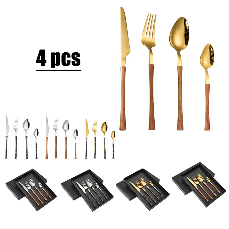 430 Stainless Steel Gift Box Cutlery Set 4pcs PP Wooden Pattern 430ss Tableware Set PP Marble Handle Silverware Set