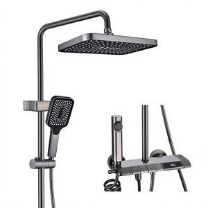 Gun Gray Brushed Dual <b>Handle</b> Thermostatic <b>Shower</b> System Slide Bar Rain/Massage Spray for Apartment Bathroom Wall Mount Brass - Product Image 3